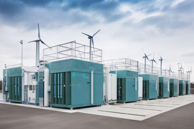 Green Hydrogen renewable energy production facility - green hydrogen gas for clean electricity solar and windturbine facility